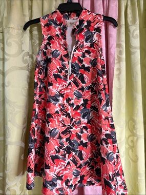 Sleeveless Coral Abstract Print A-Line Dress with Zip Detail